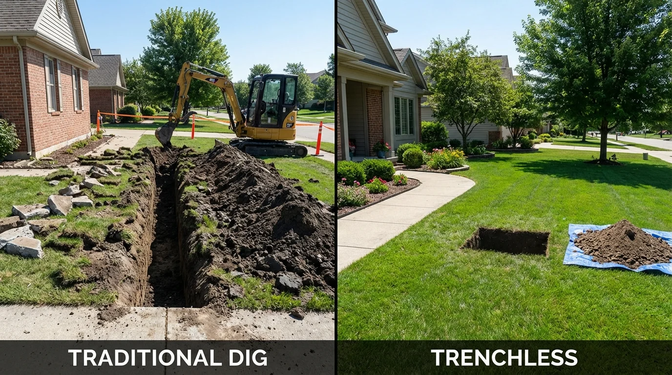 Trenchless sewer repair with minimal yard damage versus traditional excavation in Ingalls, IN