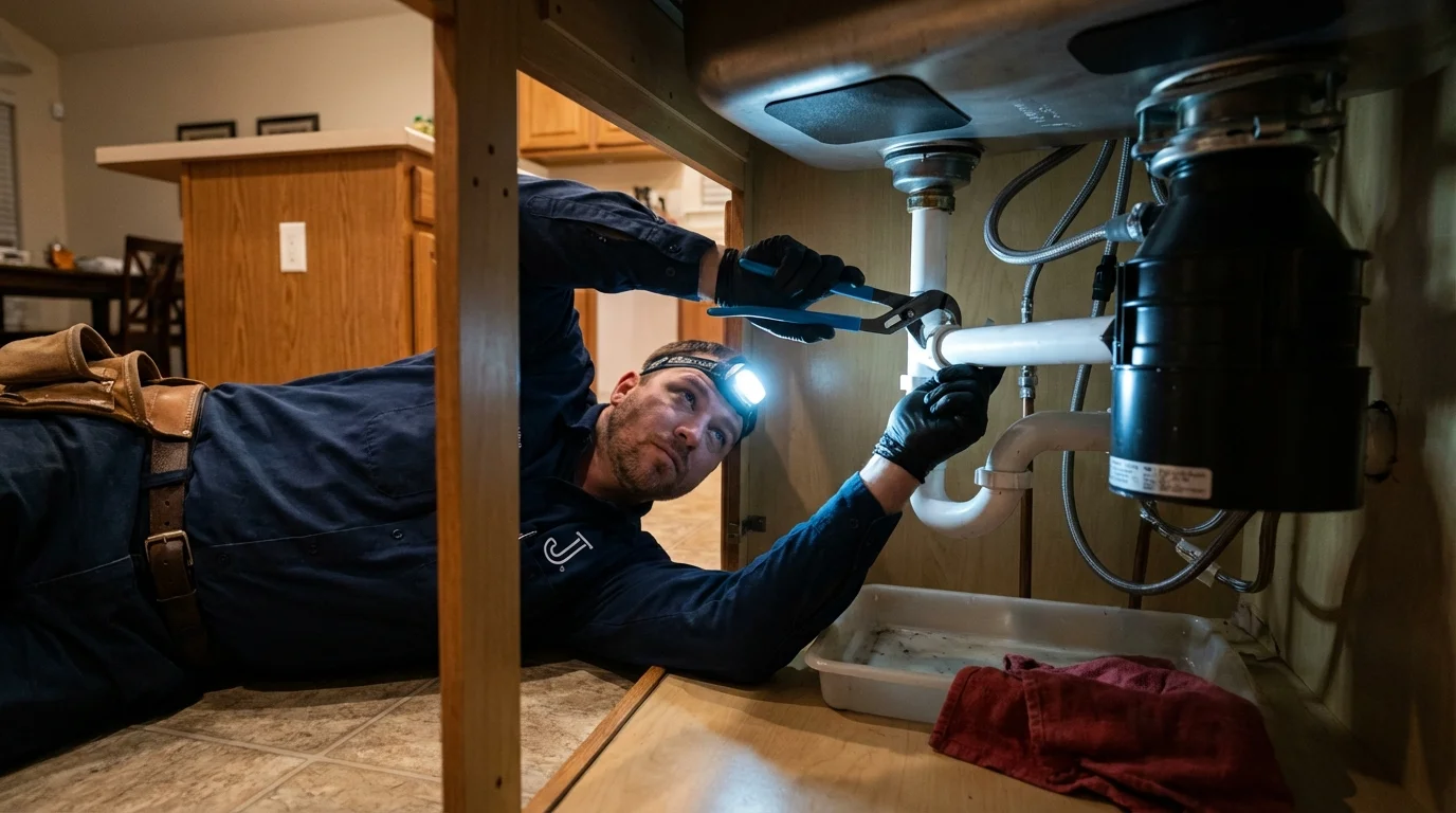 P-trap and supply line connections under a kitchen sink showing a common leak point in Ingalls, IN